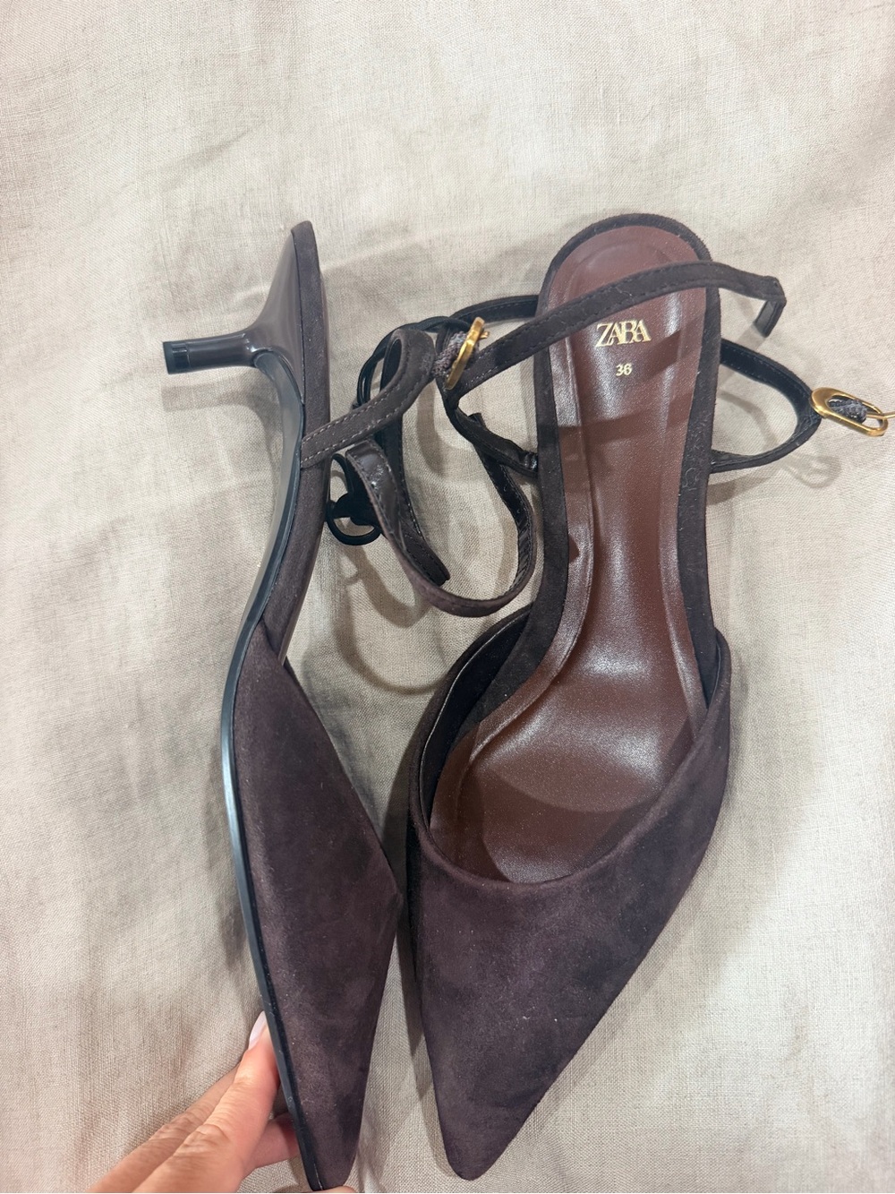 Never Worn: Zara Dark Brown Suede Pointed-Toe Slingback Kitten Heels